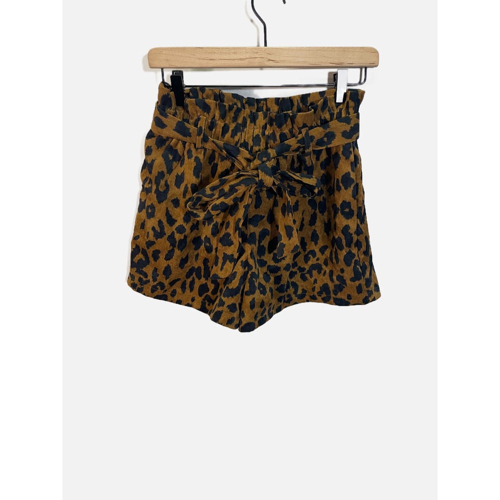 Impressions Paperbag Shorts Women Medium Brown Leopard Print Corduroy Tie Waist